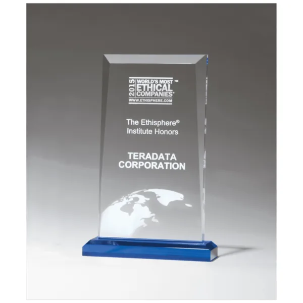 Custom Engraved 5" x 7 3/4" Apex Clear Acrylic Award with Blue Highlights and Blue Base