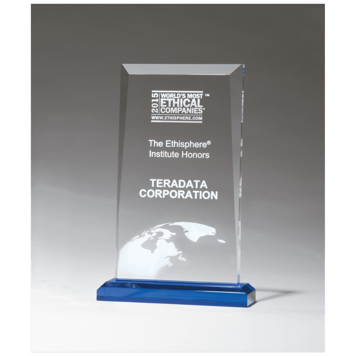 Custom Engraved 5" x 7 3/4" Apex Clear Acrylic Award with Blue Highlights and Blue Base