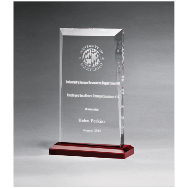 Custom Engraved 5 1/2" x 8 3/4" Apex Clear Acrylic Award with Red Highlights and Red Base