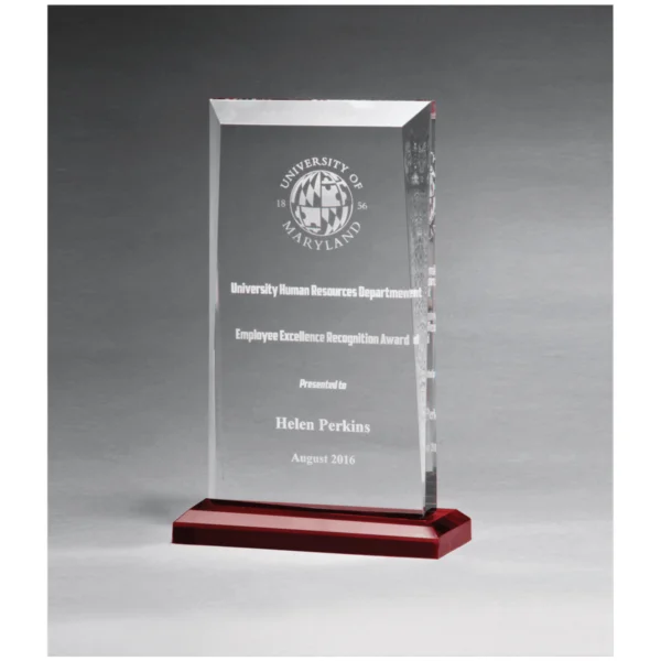 Custom Engraved 5 1/2" x 8 3/4" Apex Clear Acrylic Award with Red Highlights and Red Base