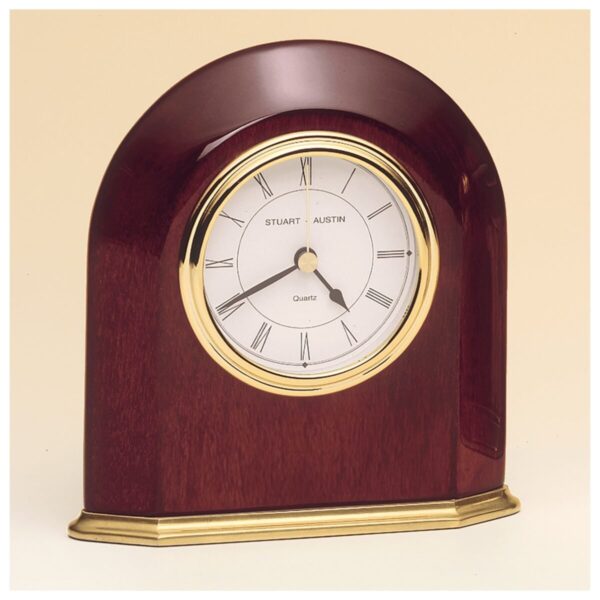 Custom Engraved 5 5/8" x 5 7/8" Rosewood Piano Arched Table Clock with Solid Brass Base