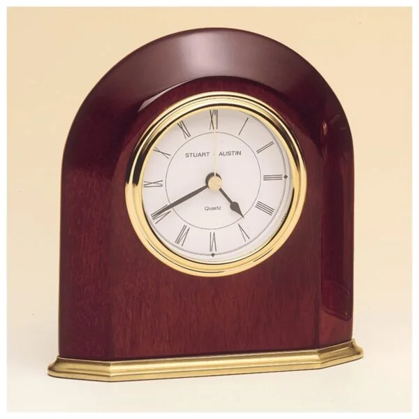 Custom Engraved 5 5/8" x 5 7/8" Rosewood Piano Arched Table Clock with Solid Brass Base