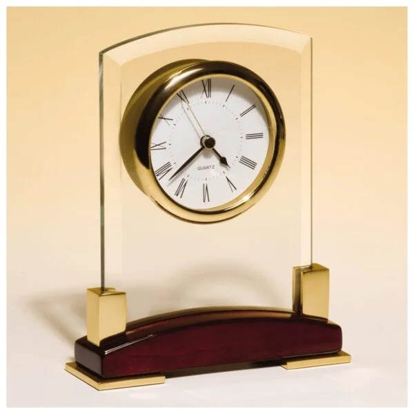 Custom Engraved 6 x 7 3/4" Beveled Glass Desk Clock, Rosewood Piano Base