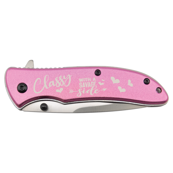 Custom Engraved Bison River 4 1/4" Pink Everyday Carry Knife