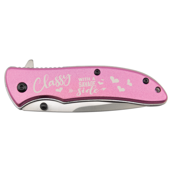 Custom Engraved Bison River 4 1/4" Pink Everyday Carry Knife