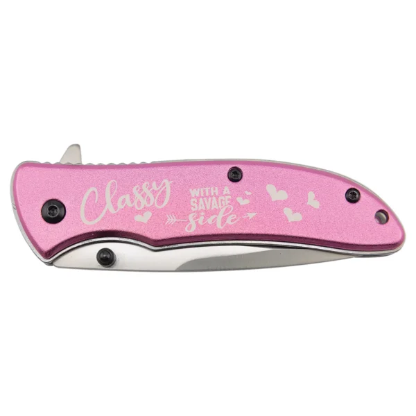 Custom Engraved Bison River 4 1/4" Pink Everyday Carry Knife