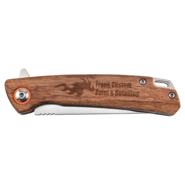 Custom Engraved Bison River 4" Wood Everyday Carry Knife with Ball Bearing Open Mechanism