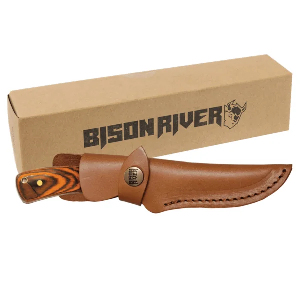 Custom Engraved Bison River 7 3/4" Fixed Blade Wood Knife with Leather Sheath