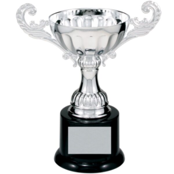 Custom 6 1/2" Silver Completed Metal Cup Trophy on Plastic Base