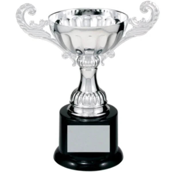 Custom 6 1/2" Silver Completed Metal Cup Trophy on Plastic Base