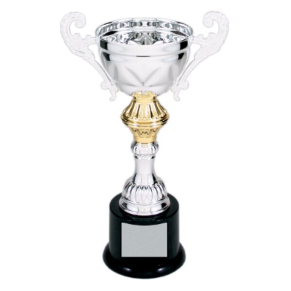 Custom 8 3/4" Silver Completed Metal Cup Trophy on Plastic Base