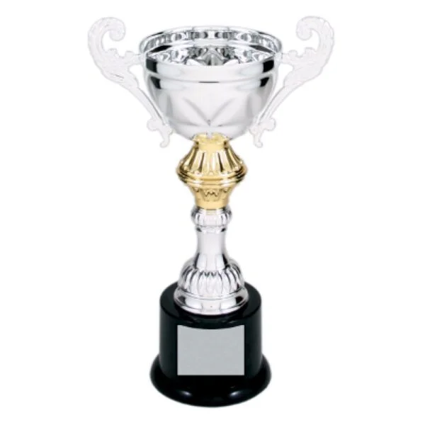 Custom 8 3/4" Silver Completed Metal Cup Trophy on Plastic Base