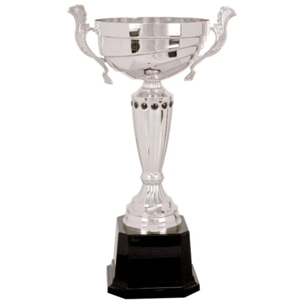 Custom 15 1/2" Silver Completed Metal Cup Trophy on Plastic Base