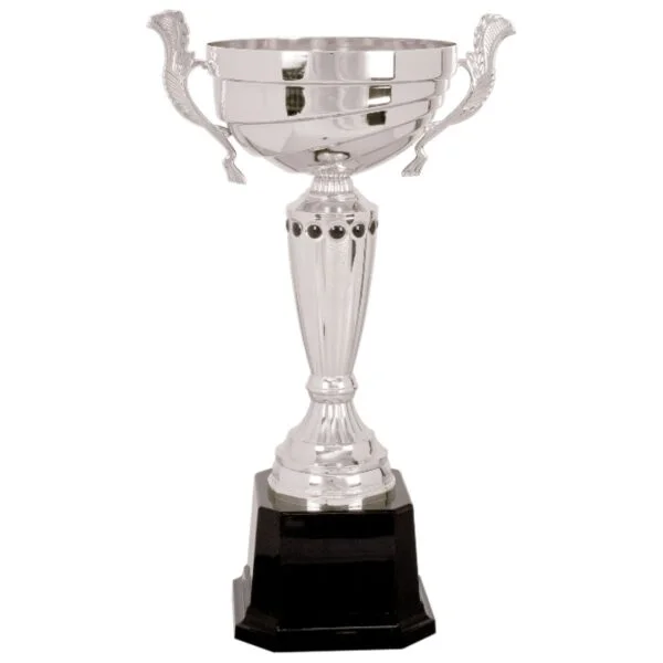 Custom 15 1/2" Silver Completed Metal Cup Trophy on Plastic Base