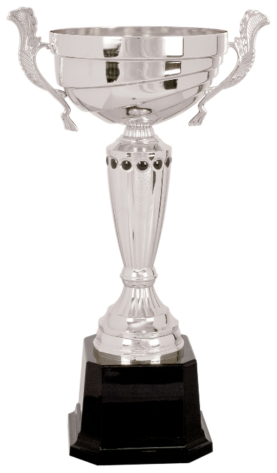Custom 15 1/2" Silver Completed Metal Cup Trophy on Plastic Base