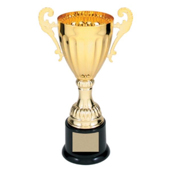 Custom 8 3/4" Gold Completed Metal Cup Trophy on Plastic Base