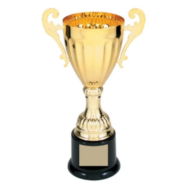 Custom 8 3/4" Gold Completed Metal Cup Trophy on Plastic Base
