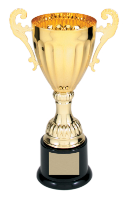 Custom 8 3/4" Gold Completed Metal Cup Trophy on Plastic Base