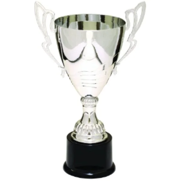 Custom 12" Silver Completed Metal Cup Trophy on Plastic Base