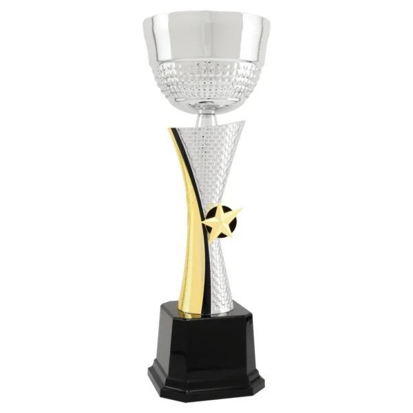 Custom 13 1/4" Silver/Gold Textured Completed Metal Cup Trophy