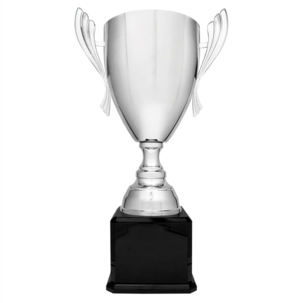 Custom Engraved 26 1/2" Silver Completed Metal Cup Trophy on Black Royal Piano Base