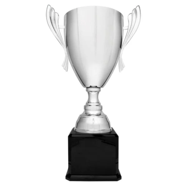 Custom Engraved 26 1/2" Silver Completed Metal Cup Trophy on Black Royal Piano Base