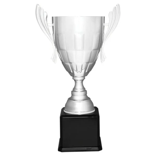 Custom Engraved 26 1/2" Silver Completed Metal Cup Trophy on Black Royal Piano Base