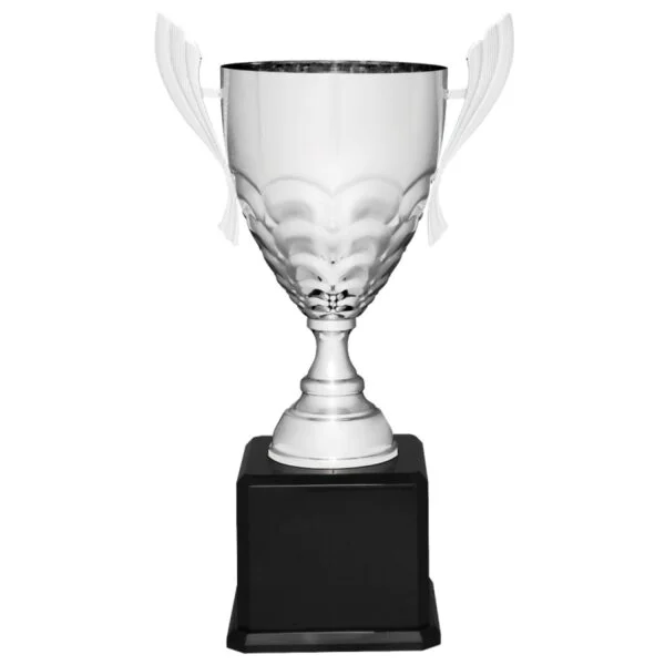 Custom Engraved 23 1/2" Silver Completed Metal Cup Trophy on Black Royal Piano Base