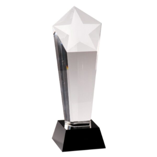 Custom Engraved 10 1/2" Crystal Frosted Star Column on Black Pedestal Base