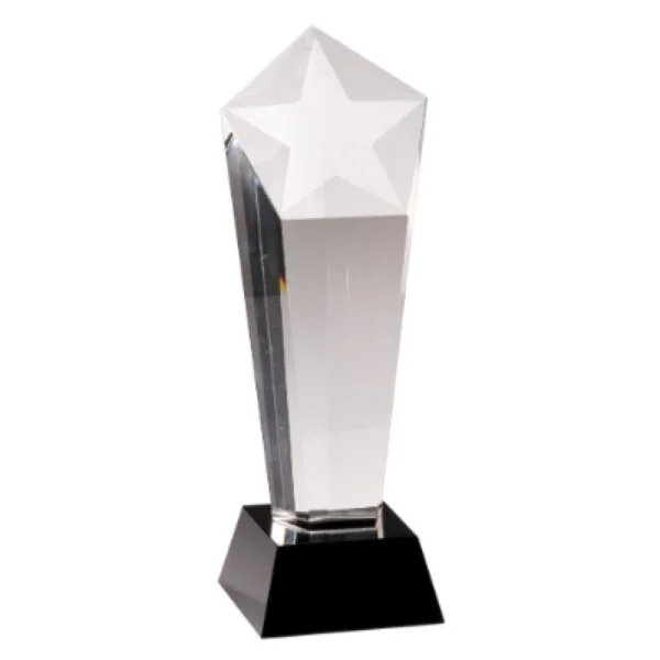 Custom Engraved 10 1/2" Crystal Frosted Star Column on Black Pedestal Base