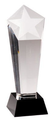 Custom Engraved 10 1/2" Crystal Frosted Star Column on Black Pedestal Base