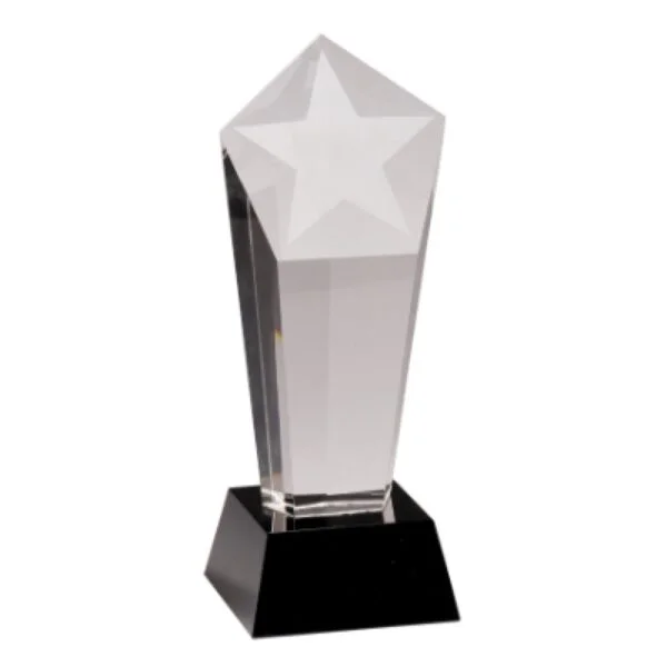 Custom Engraved 8 3/4" Crystal Frosted Star Column on Black Pedestal Base