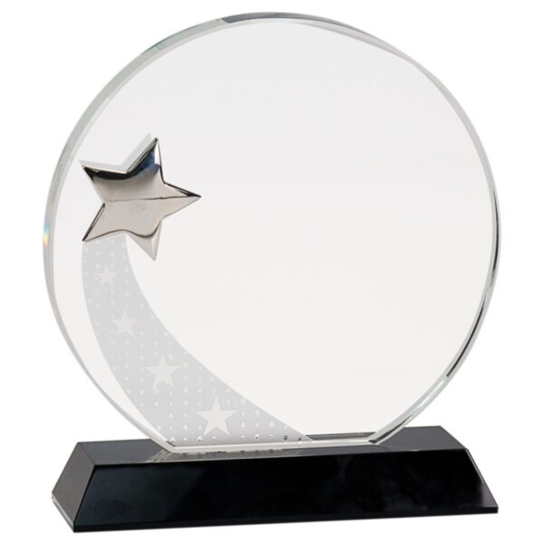 Custom Engraved 7 1/4" Round Crystal with Silver Star on Black Pedestal Base