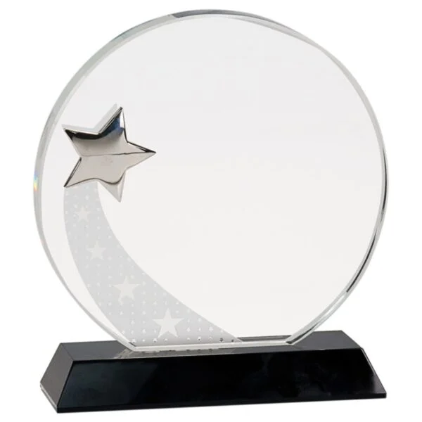 Custom Engraved 7 1/4" Round Crystal with Silver Star on Black Pedestal Base