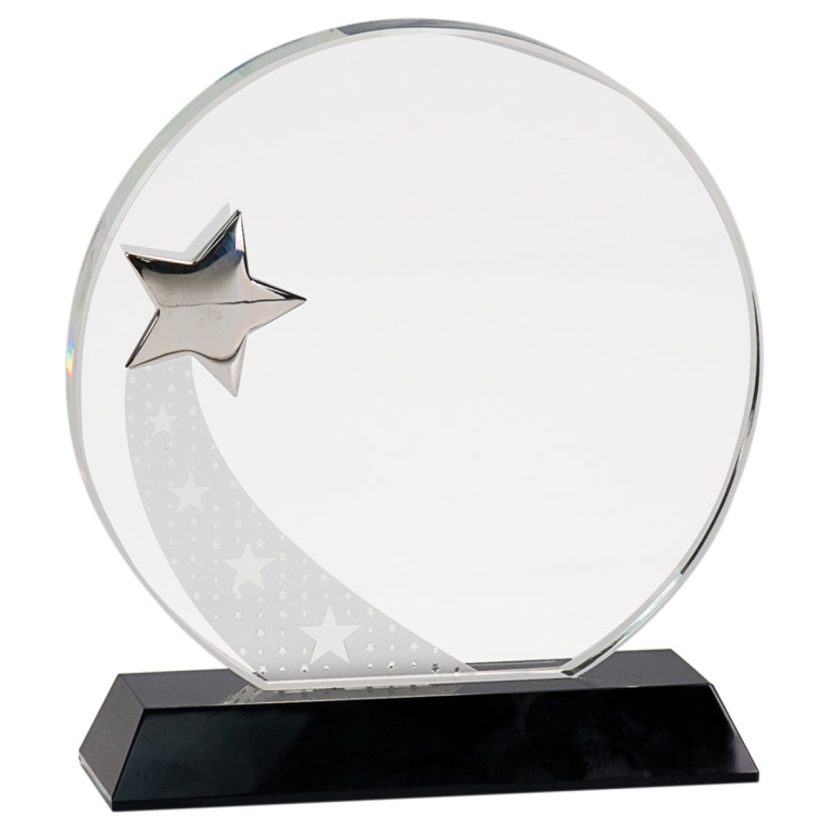 Custom Engraved 7 1/4" Round Crystal with Silver Star on Black Pedestal Base