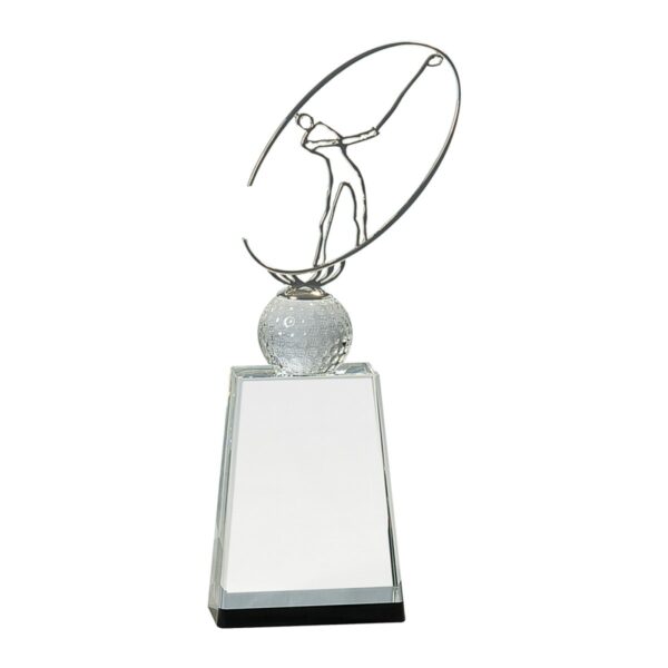 Custom Engraved 12" Clear/Black Crystal Golf Award with Silver Metal Oval Figure