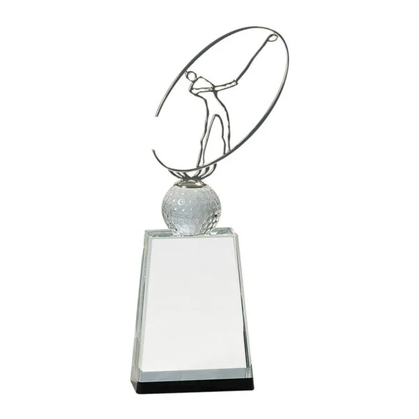 Custom Engraved 12" Clear/Black Crystal Golf Award with Silver Metal Oval Figure