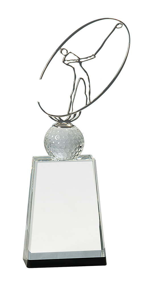 Custom Engraved 12" Clear/Black Crystal Golf Award with Silver Metal Oval Figure