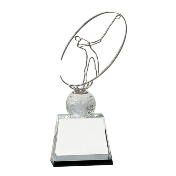 Custom Engraved 10" Clear/Black Crystal Golf Award with Silver Metal Oval Figure