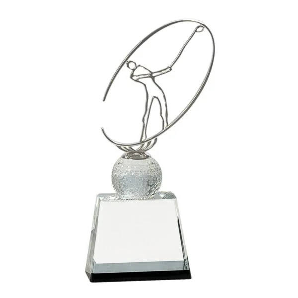 Custom Engraved 10" Clear/Black Crystal Golf Award with Silver Metal Oval Figure