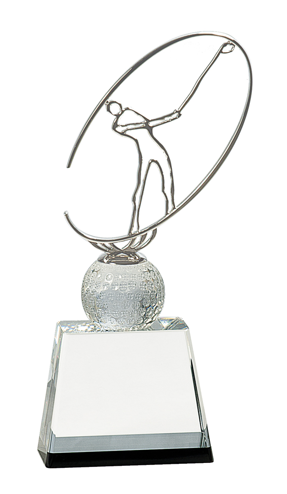 Custom Engraved 10" Clear/Black Crystal Golf Award with Silver Metal Oval Figure