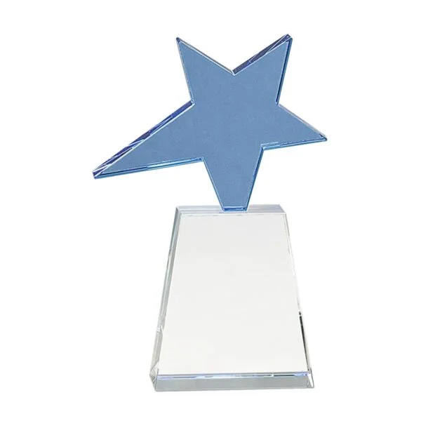 Custom Engraved 8" Blue Crystal Star on Clear Pedestal Base