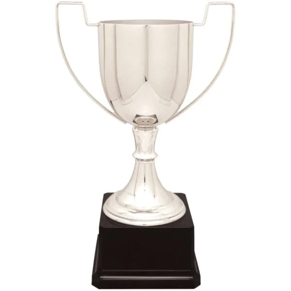 Custom 11 3/4" Silver Completed Zinc Cup Trophy on Plastic Base