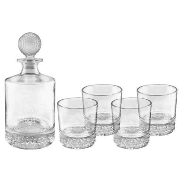 Personalized 850mL Round Golf Glass Decanter Set with Four 9 oz. Golf Rocks Glasses