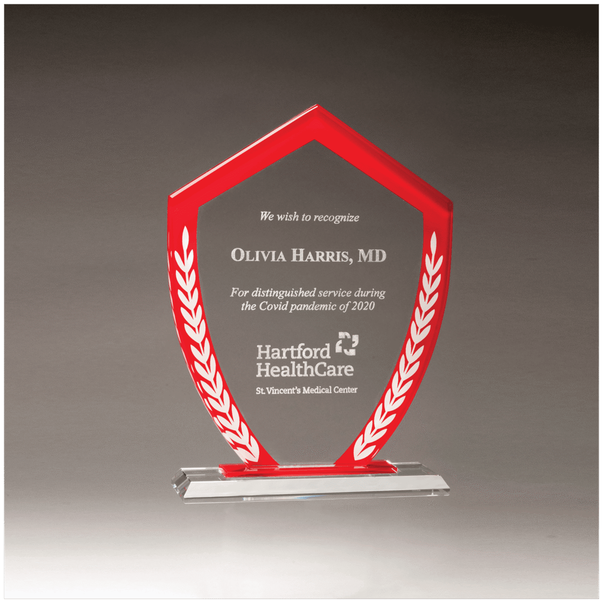 Custom Engraved 5 7/8" x 8 1/8" Shield Shaped Glass Award