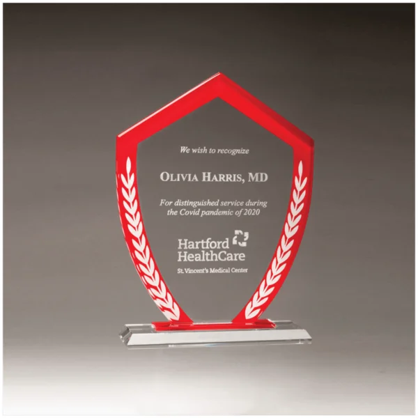 Custom Engraved 7 1/4" x 9 5/8" Shield Shaped Glass Award