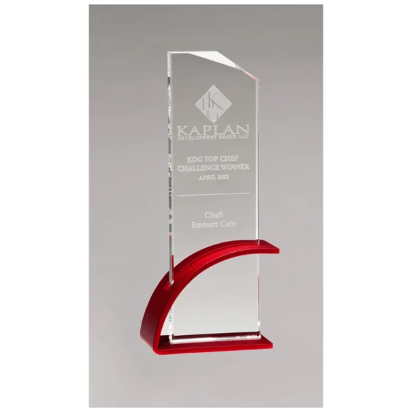 Custom Engraved 3 7/8" x 9 3/8" x 1/2" Thick Red Contemporary Clear Glass Award