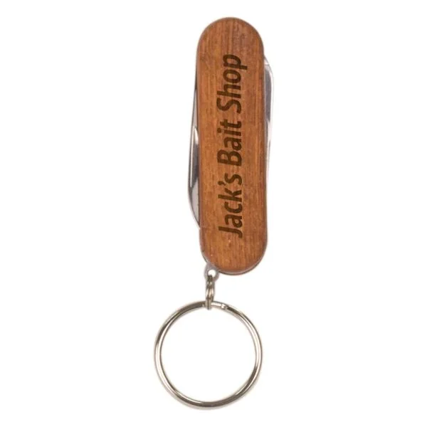Custom Engraved 2 1/4" Wooden 3-Function Pocket Knife with Keychain