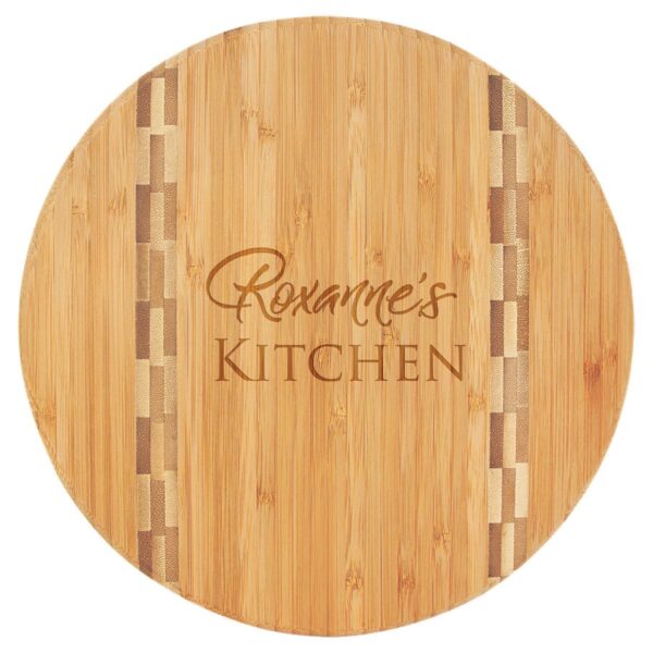Personalized 9 3/4" Round Bamboo Cutting Board with Butcher Block Inlay