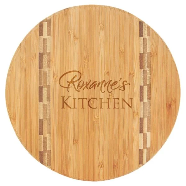 Personalized 9 3/4" Round Bamboo Cutting Board with Butcher Block Inlay